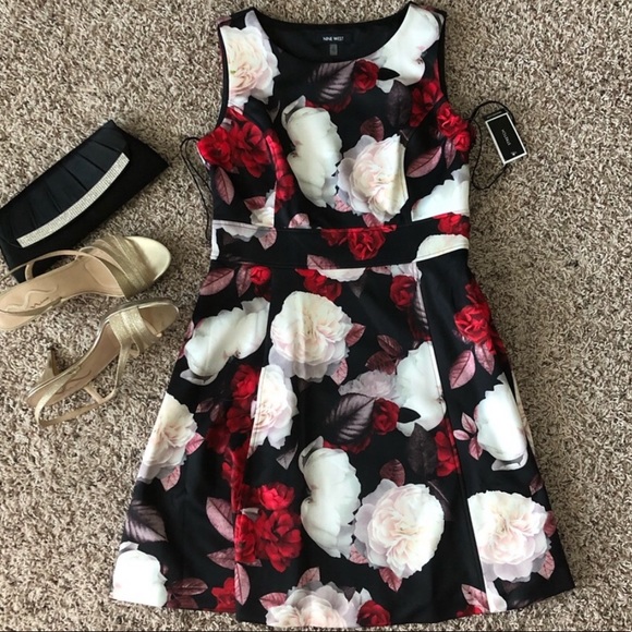 Nine West Dresses & Skirts - Nine West Black & Crimson/Red Floral Print Dress